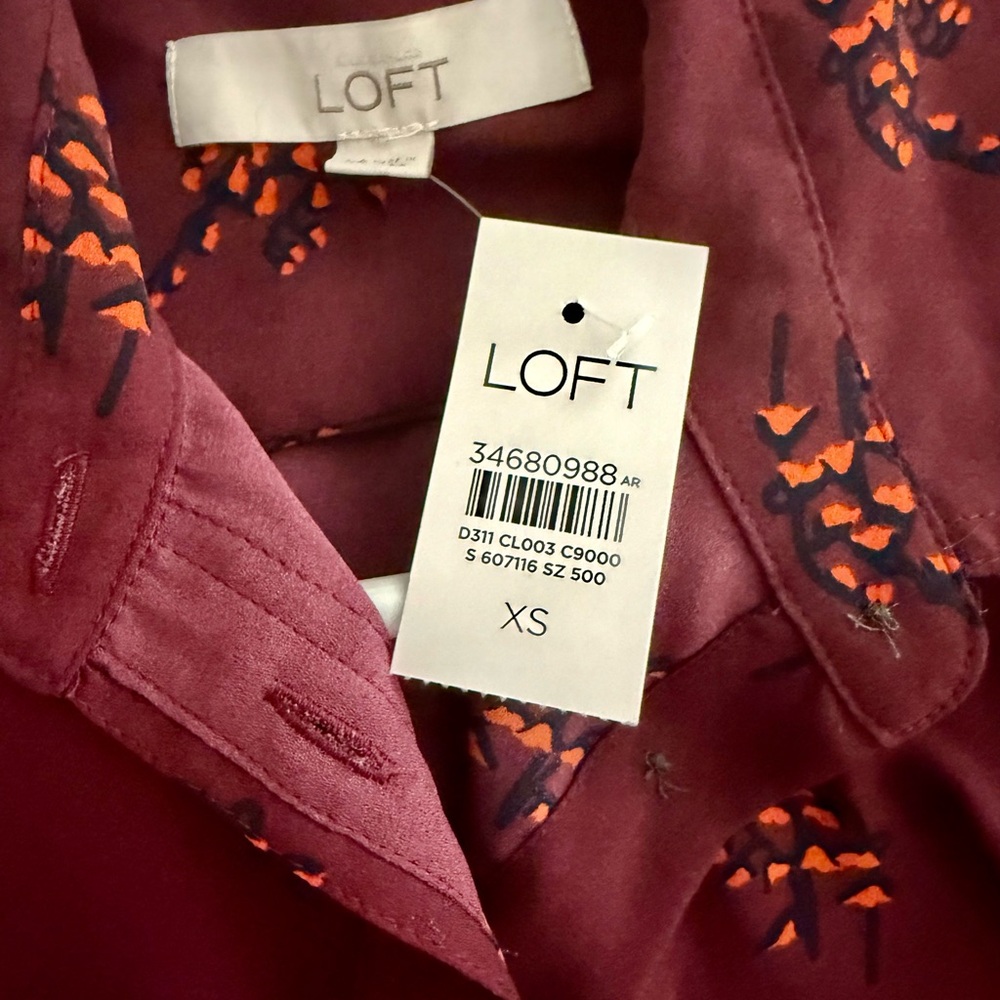 NWT LOFT Maroon & Orange Floral Button-Down Shirt - XS - Picture 6 of 8